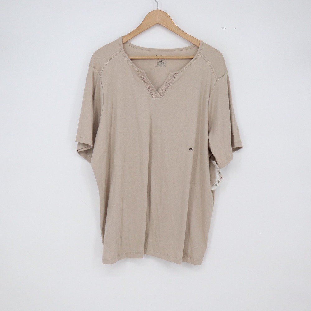 Hasting & Smith T-Shirt Womens 2X Split Neck Tan Lace Trim New
